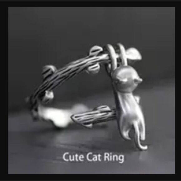 Silver Dangling Cat From Tree Branch Ring Adjustable Kitty - Picture 4 of 9